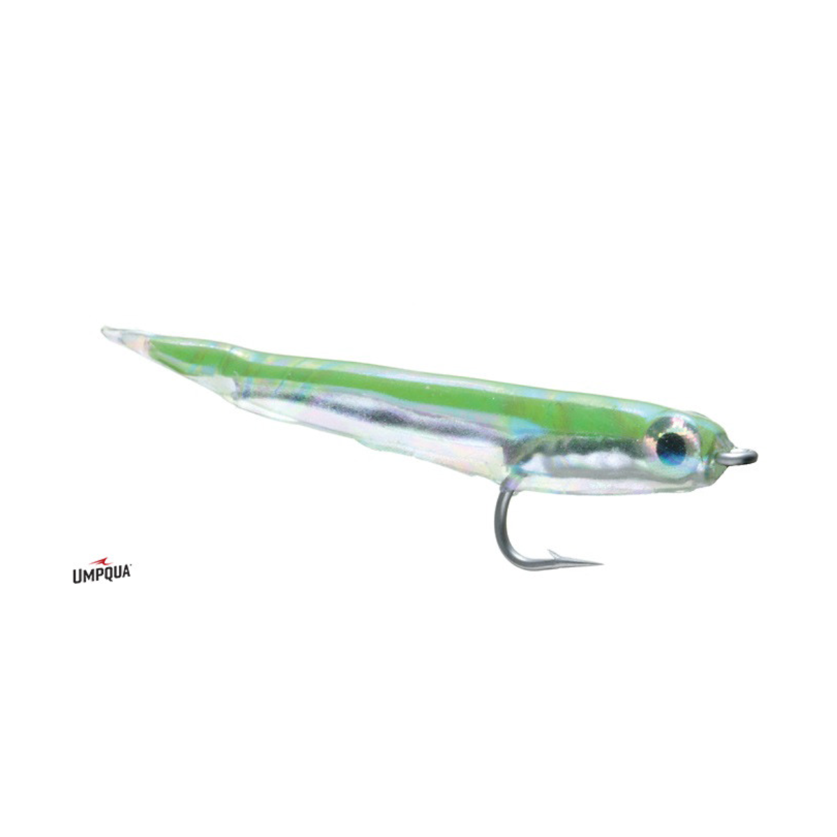 Umpqua Gummy Minnow Size 2 fly in chartreuse with Sili Skin soft body and iridescent silver sides