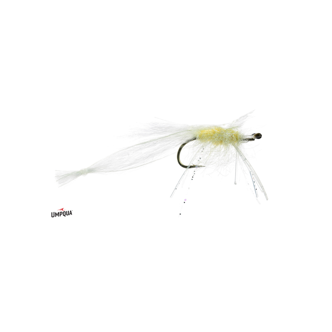 Umpqua Supreme Hair Shrimp fly in white size 6 with translucent body and green eyes