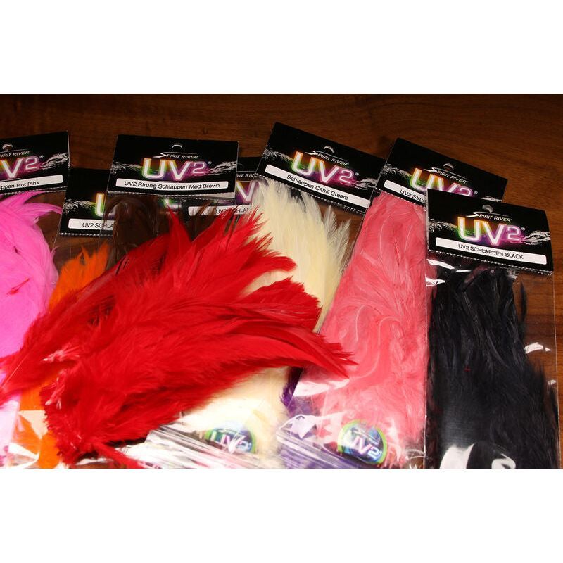 Variety pack of Spirit River UV2 Strung Schlappen fly tying materials in multiple colors