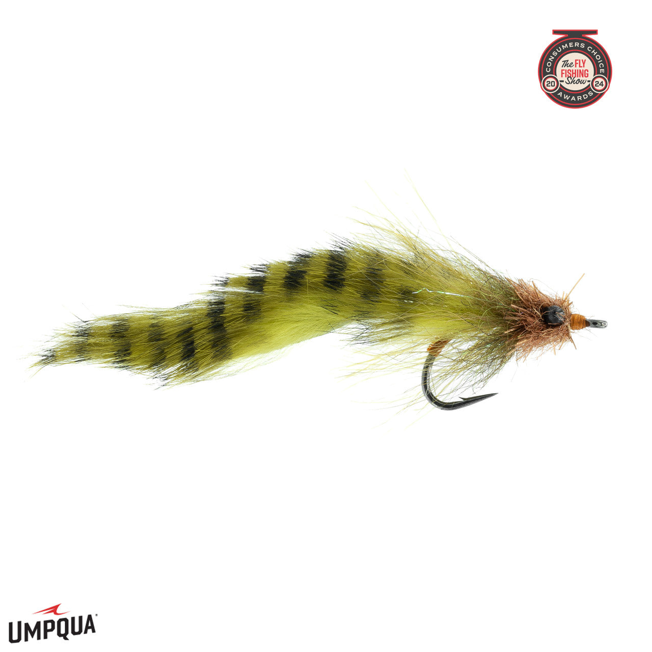 Umpqua Chewy's Tarponator Olive fishing fly with black stripes and bead head