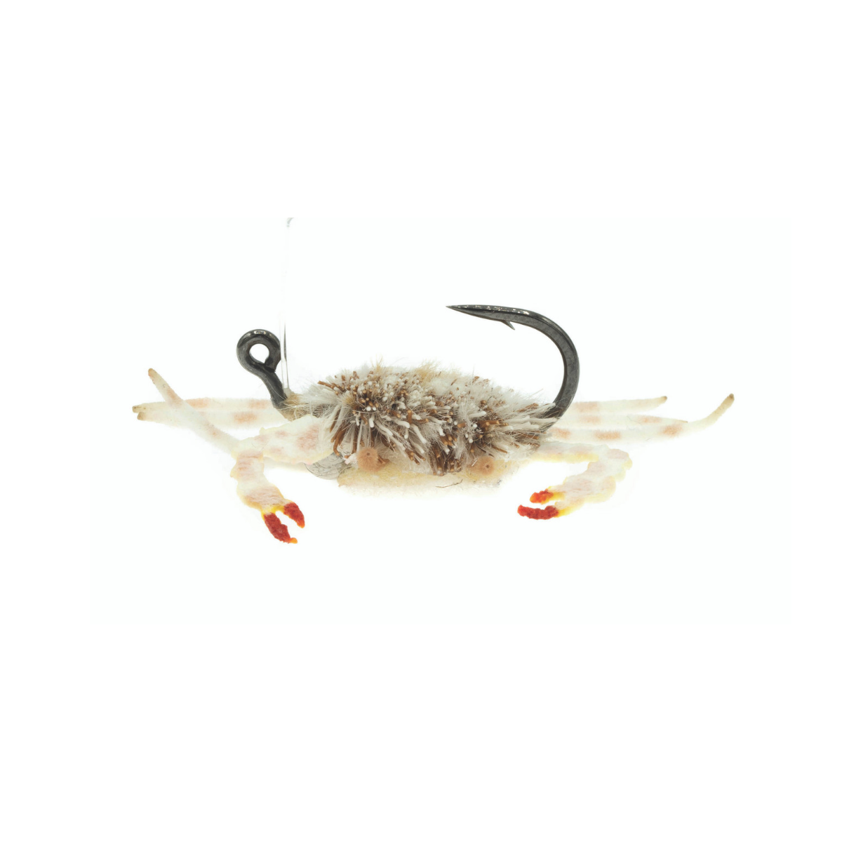 Umpqua Danger Muffin Crab fly in McKnight Ghost Tan #4, featuring fuzzy tan body and orange-tipped claws for bonefish and permit