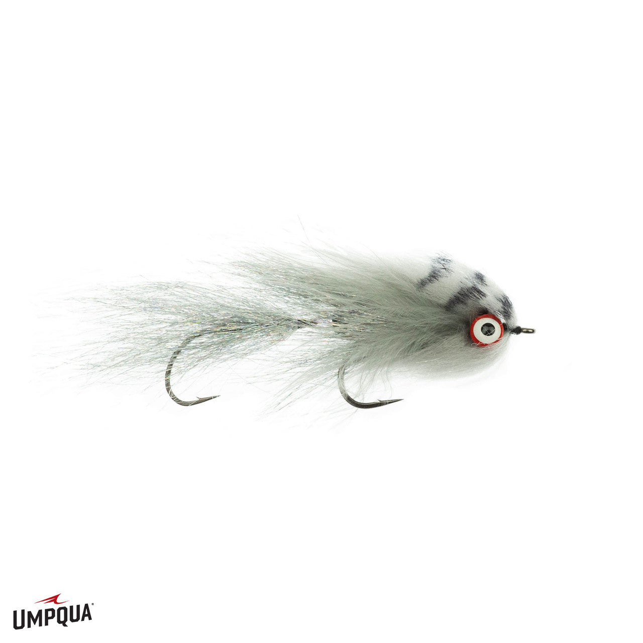 Umpqua Double Fuego Mena streamer fly with white and grey striped body, red eye, and silver synthetic fibers