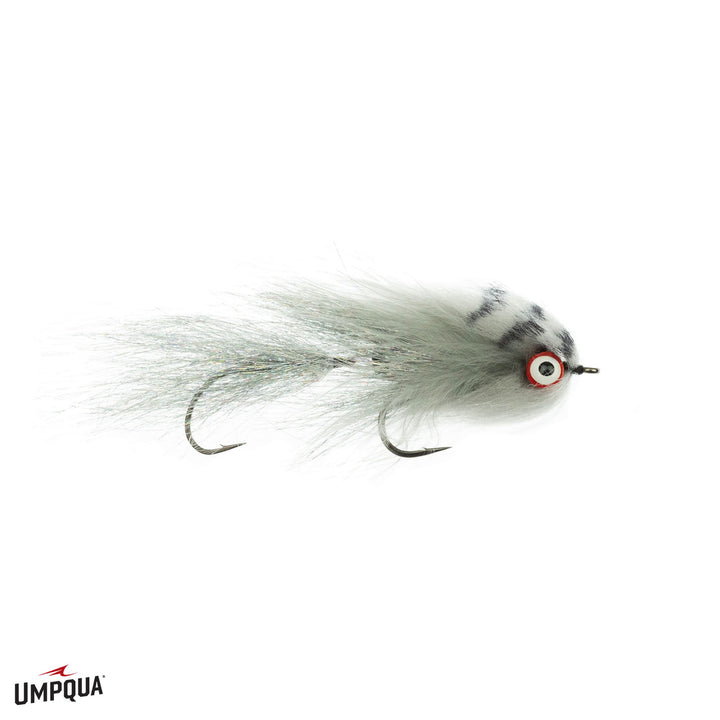 Umpqua Double Fuego Mena streamer fly with white and grey striped body, red eye, and silver synthetic fibers
