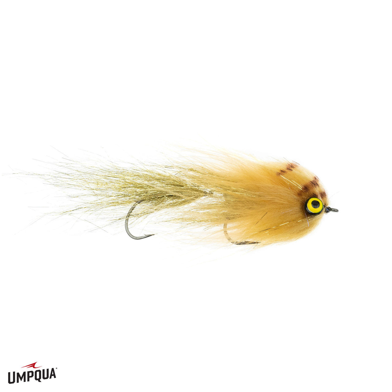 Umpqua Double Fuego Mena gold streamer fly featuring amber body, yellow eye, and golden iridescent tail fibers