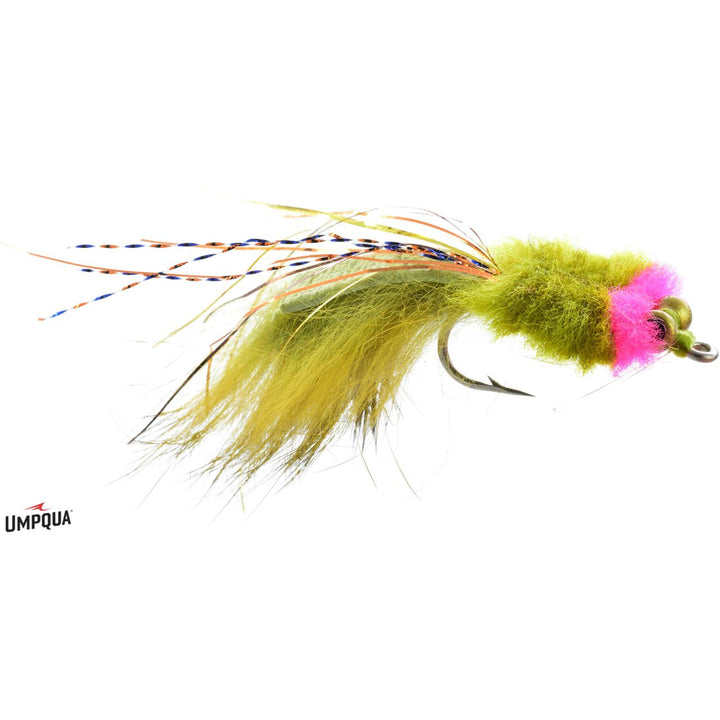Umpqua Drum Beater 02 chartreuse and hot pink fly with spotted tail for bonefish