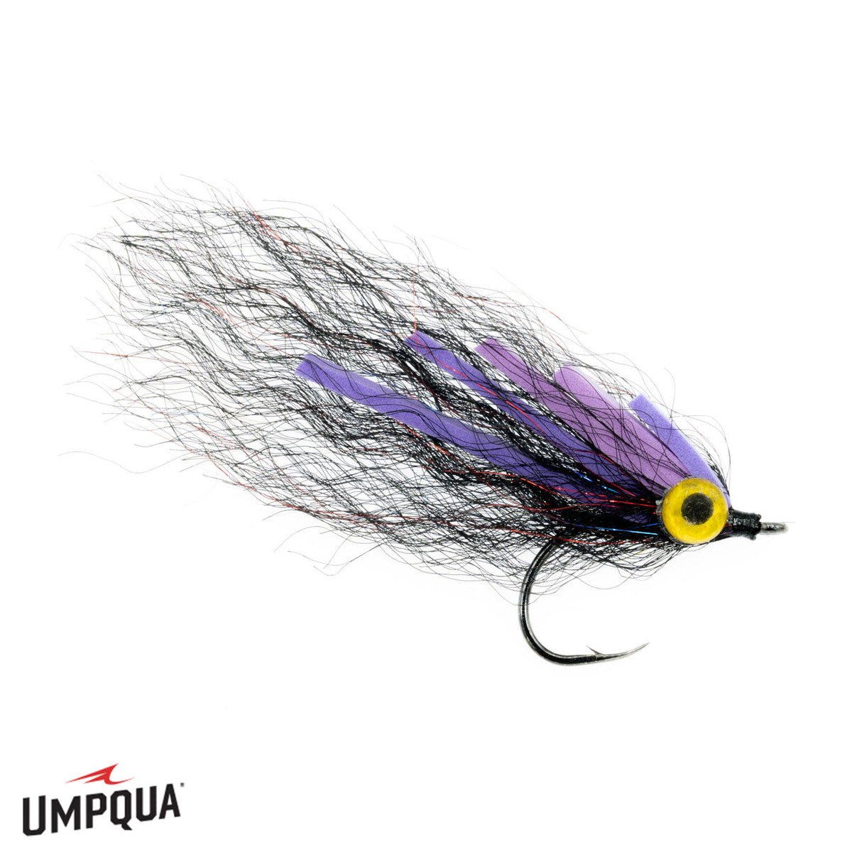 Umpqua Foam Gut Minnow #1 streamer fly featuring black fibers and purple accents