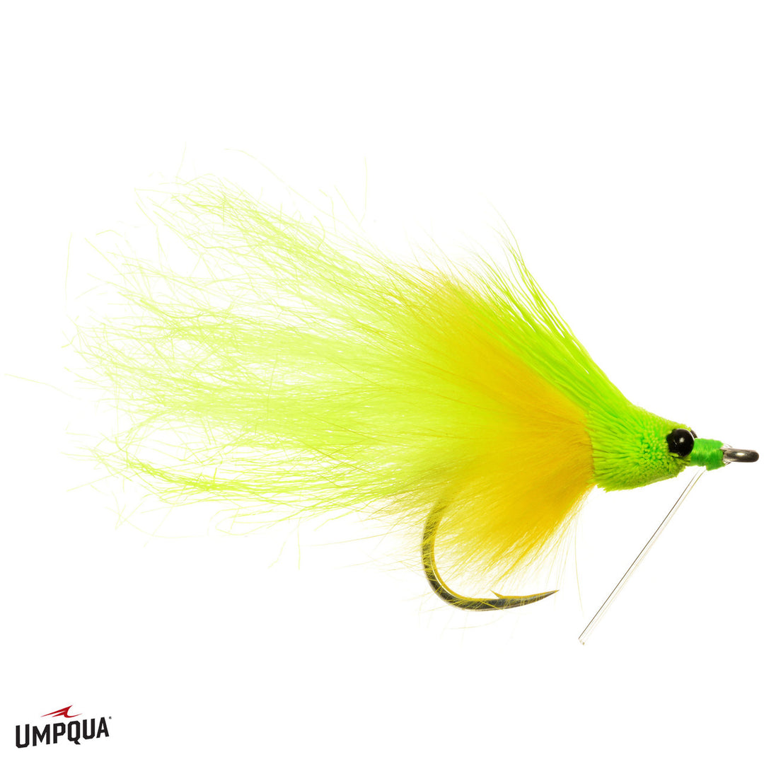 Umpqua Megalopsicle Chart/Yell Small fly fishing lure with chartreuse body and black bead eye