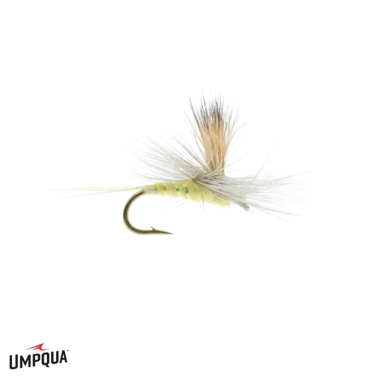 Umpqua Parawulff fly with cream body, green thread, and brown wing