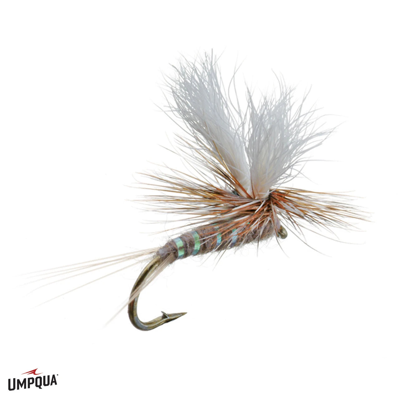 Umpqua Parawulff fly featuring teal metallic bands and white wing