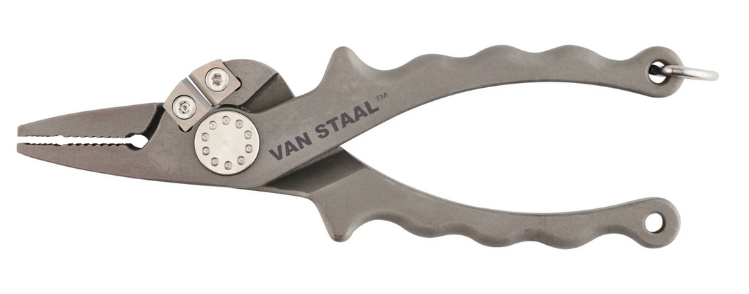 Van Staal 7-inch titanium fishing pliers with ergonomic handles and line cutter