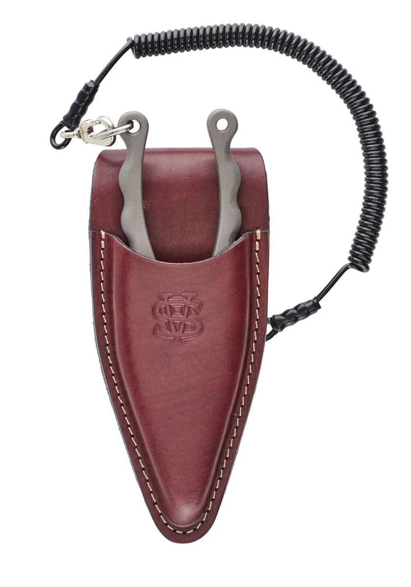 Van Staal 7in Titanium Pliers in maroon leather sheath with lanyard