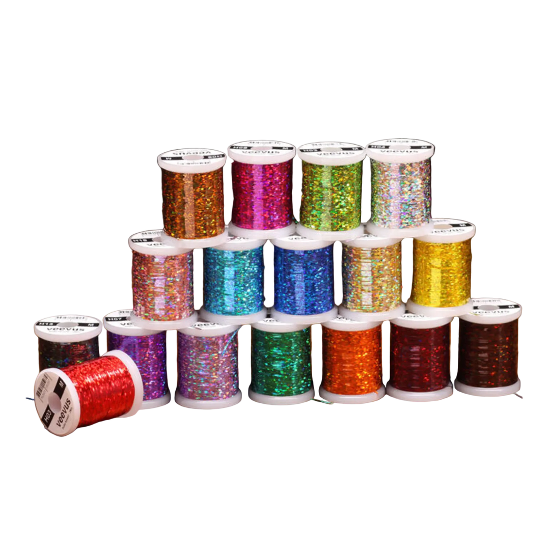 Veevus Holographic Tinsel spools in assorted colors for fly tying