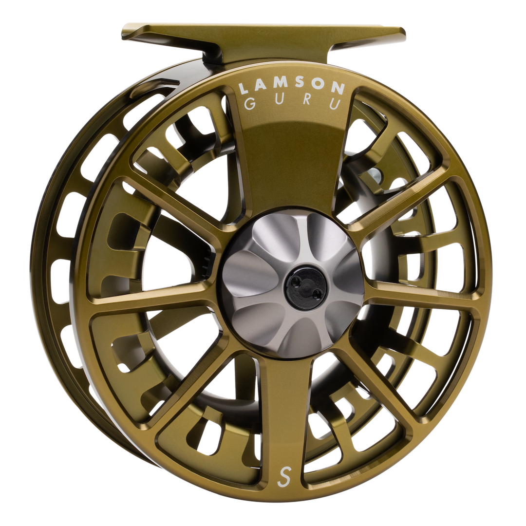 Bronze finish Lamson Guru S fly reel with silver petal-shaped drag knob