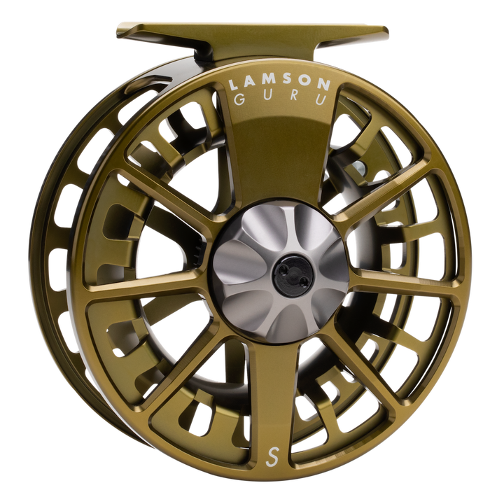 Bronze finish Lamson Guru S fly reel with silver petal-shaped drag knob