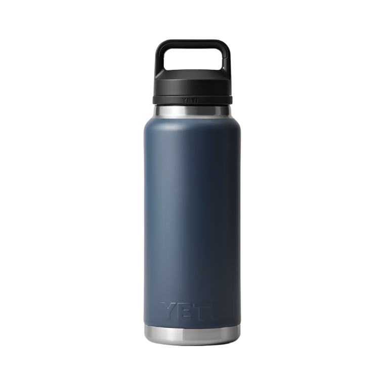 Yeti Rambler Hopper Blue insulated water bottle with black lid and carrying handle