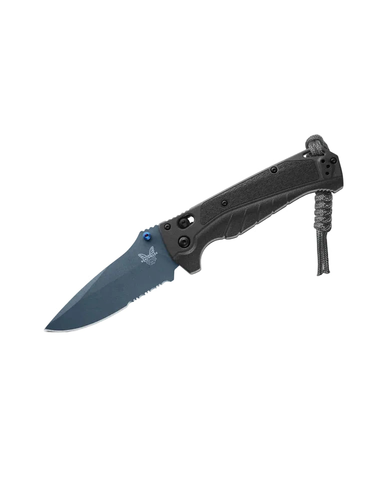 Angled shot of open Benchmade Adira knife with charcoal blade and gray handle