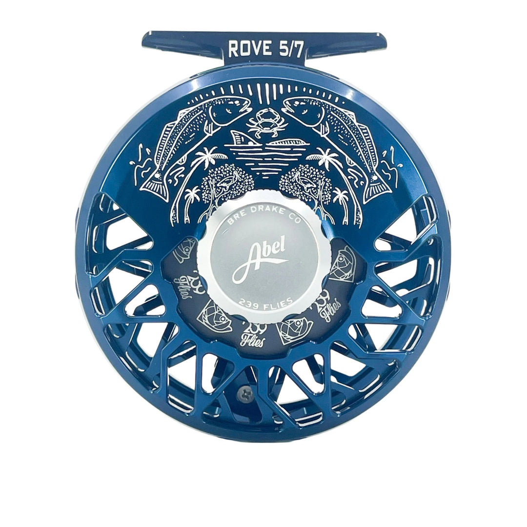 Abel Rove 5/7 Deep Blue w/Platinum Drag Knob, Platinum Handle, 239 Drag Plate & 239 Flies Bre Drake Redfish Art(IN STOCK)