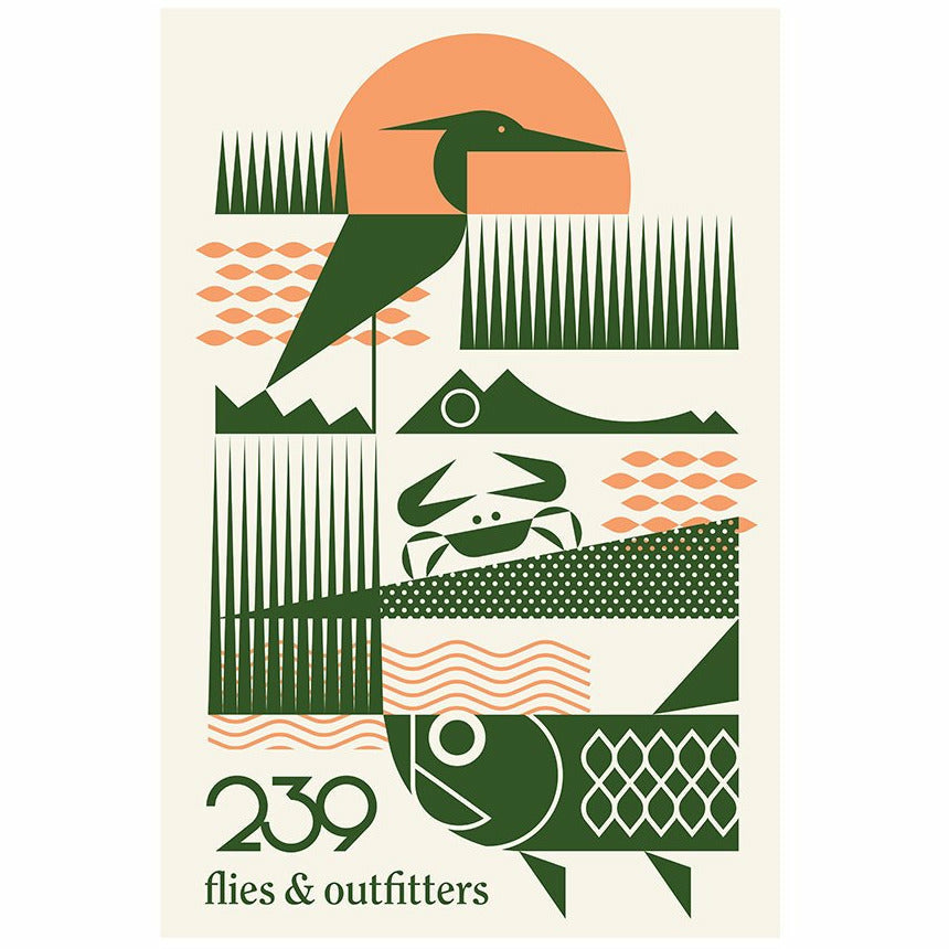 239 Flies HQ poster with green heron silhouette and orange sun on cream background