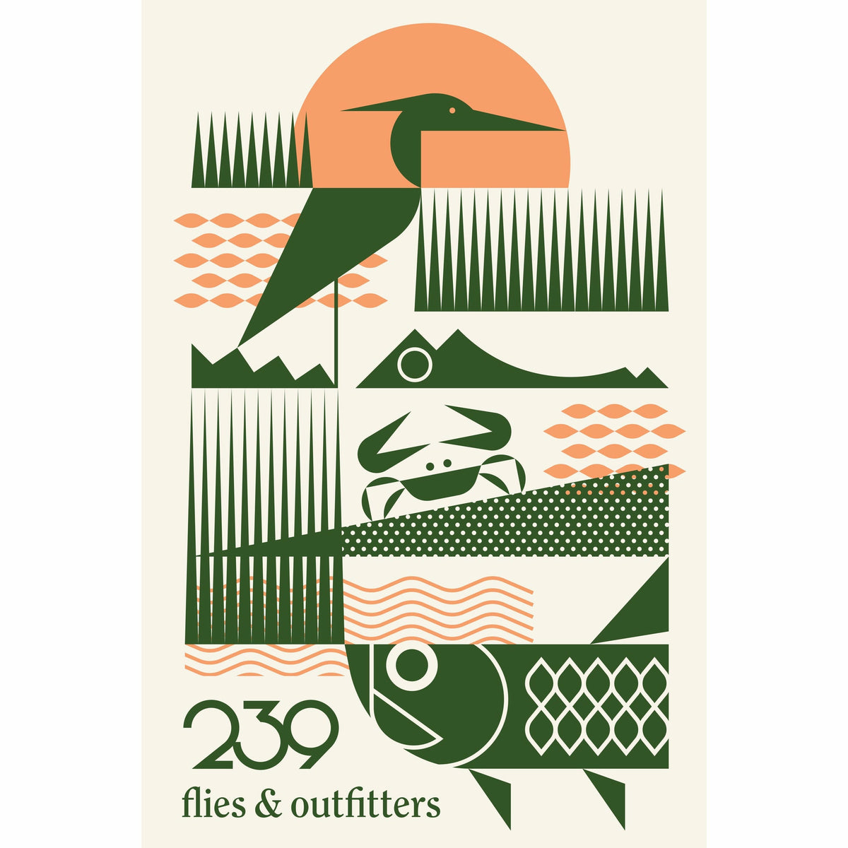 239 Flies & Outfitters decor print featuring flat design heron, crab, and fish illustration