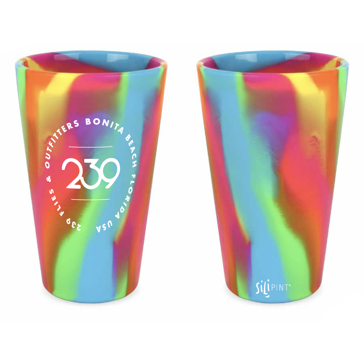 Rainbow marbled siliPINT silicone pint glass with 239 Flies branding
