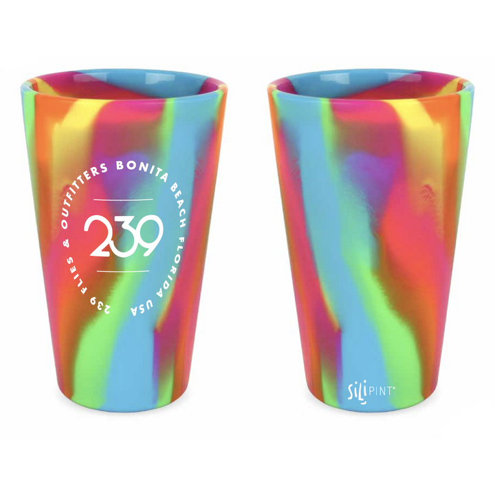 Rainbow marbled siliPINT silicone pint glass with 239 Flies branding