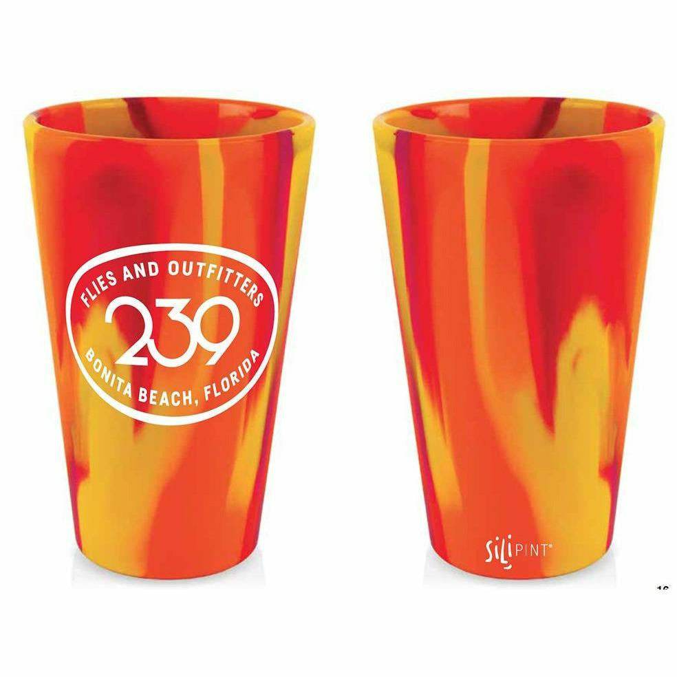 Red and orange marbled silicone pint cup with 239 Flies logo