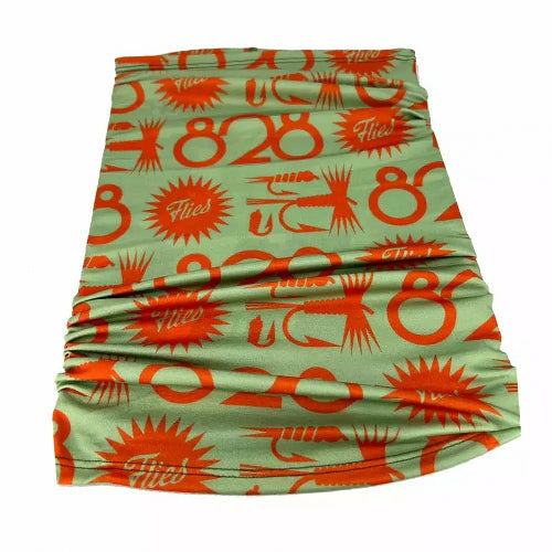 Light green 828 Flies sun mask with orange fly fishing hook and 'Flies' script pattern