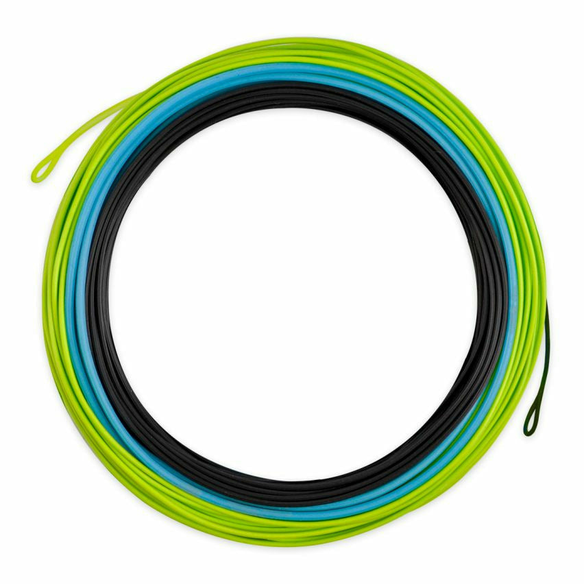 Coiled Airflo Superflo Streamer Max Short fly line with black, blue, and lime green tri-color design