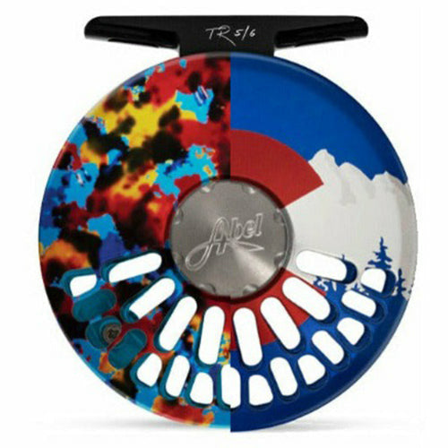 Abel TR fly reel with red blue yellow splatter and Colorado mountain graphic design