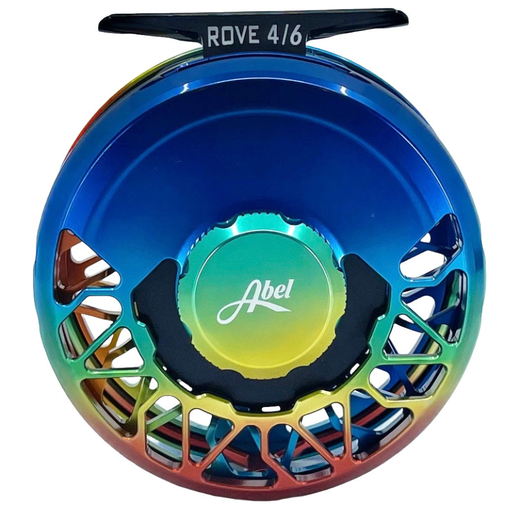 Front view of Abel Rove 4/6 fly reel showing Baja Fade gradient and engraved ROVE 4/6 label