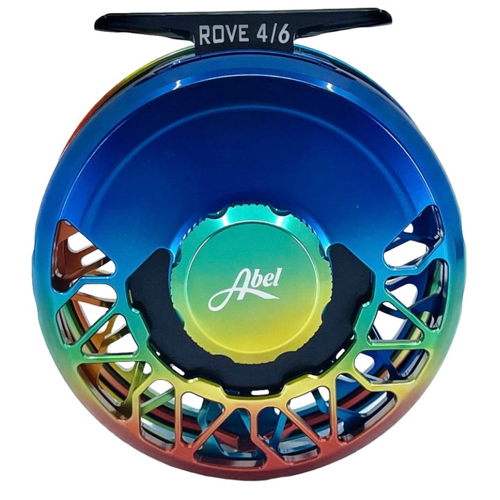 Front view of Abel Rove 4/6 fly reel showing Baja Fade gradient and engraved ROVE 4/6 label