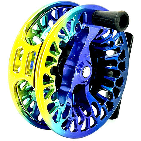 Side view of Abel Vaya 4/5 reel showing milled trout silhouette and large arbor