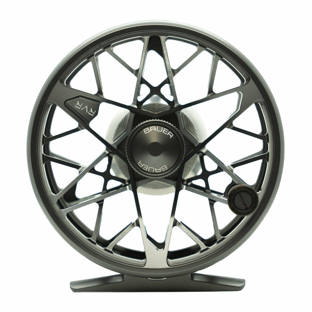 Bauer RVR Series fly fishing reel in gunmetal with intricate open-spoke geometric design