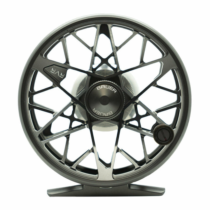 Bauer RVR Series fly fishing reel in gunmetal with intricate open-spoke geometric design