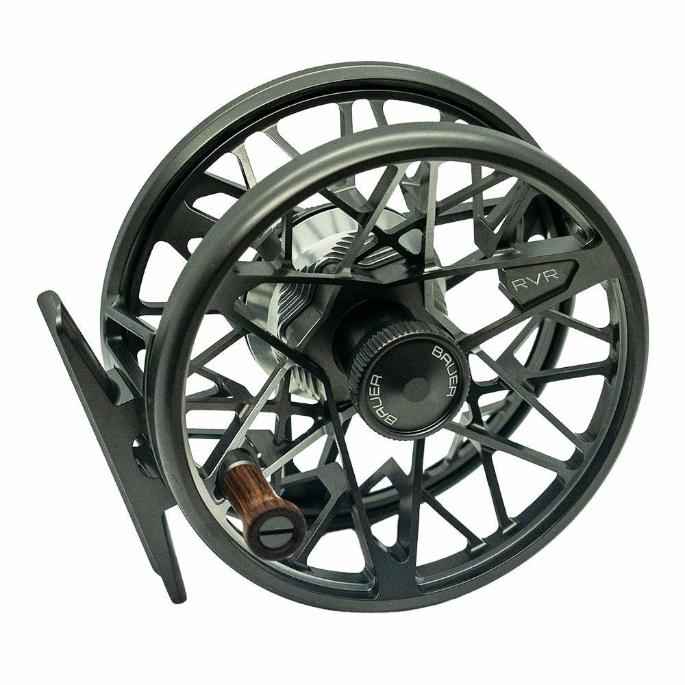 Bauer RVR fly fishing reel angled to display skeletal frame and wooden handle