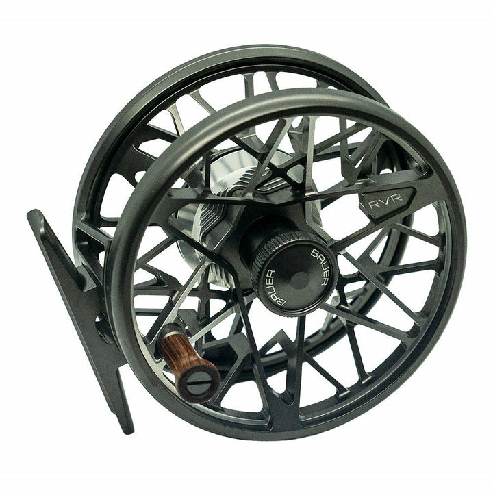Bauer RVR fly fishing reel angled to display skeletal frame and wooden handle