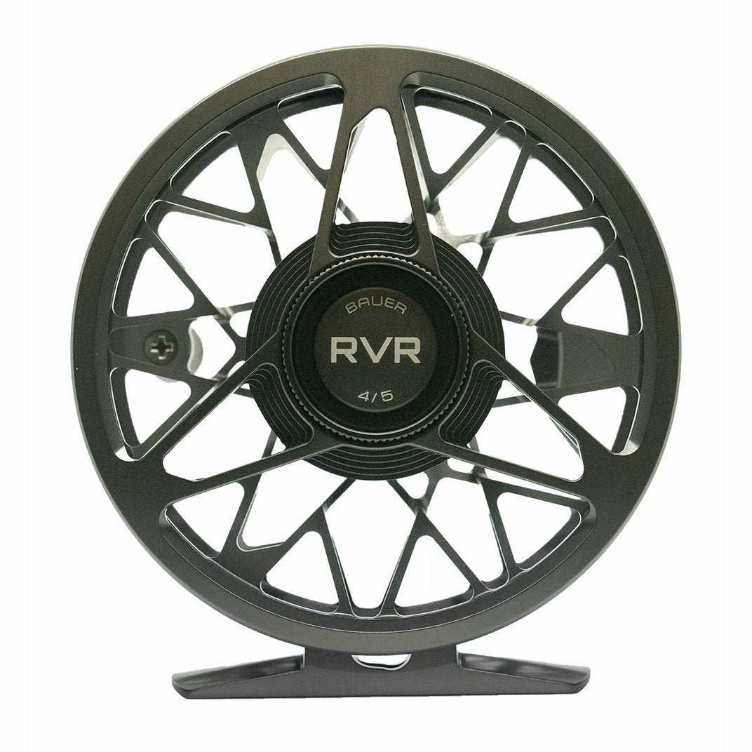 Bauer RVR 4/5 fly fishing reel featuring dark grey complex lattice frame design
