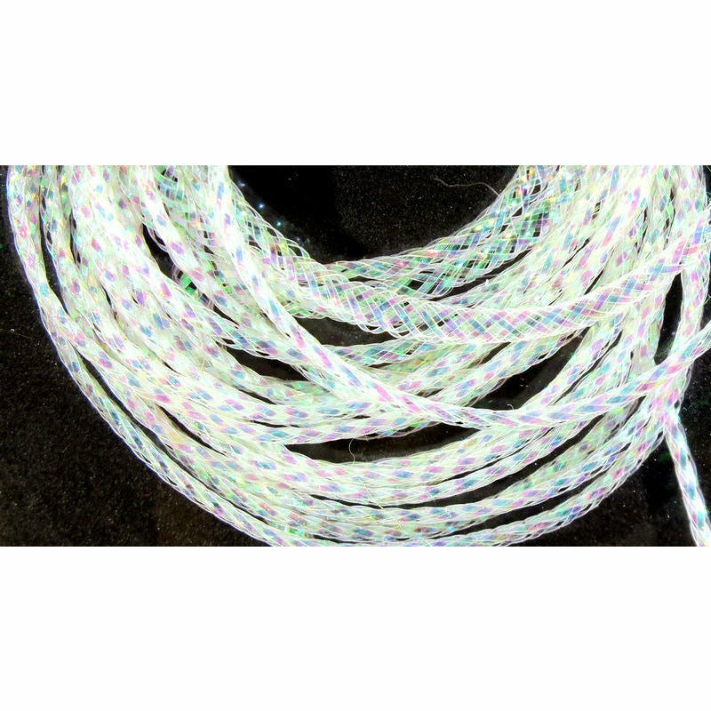 Coiled pearlescent white synthetic braid with holographic pastel highlights for fly tying