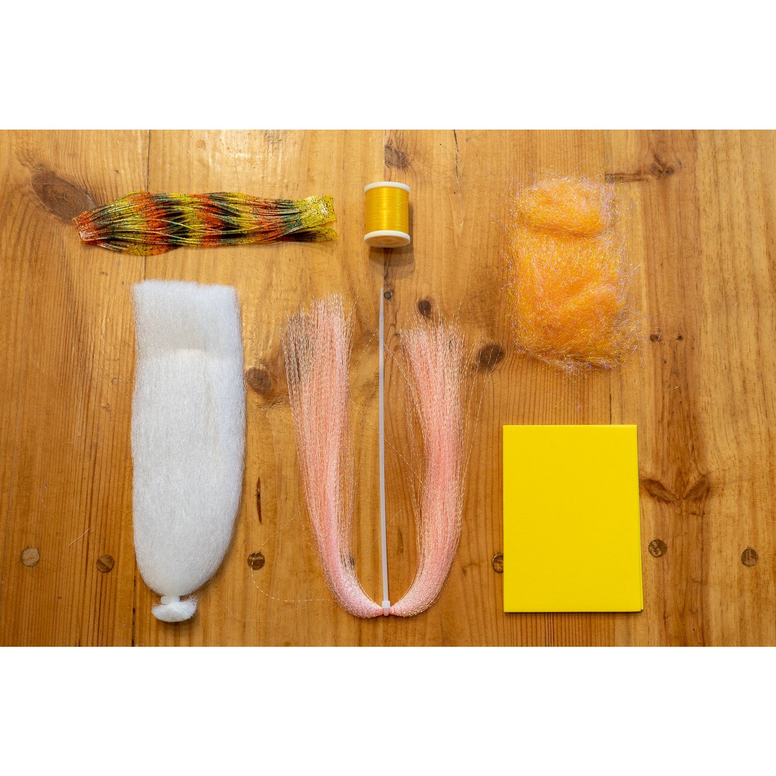 Chubby Chernobyl DIY Kit - Sunrise contents including shrimp pink krystal flash, yellow thread, orange enhancer legs, and yellow foam