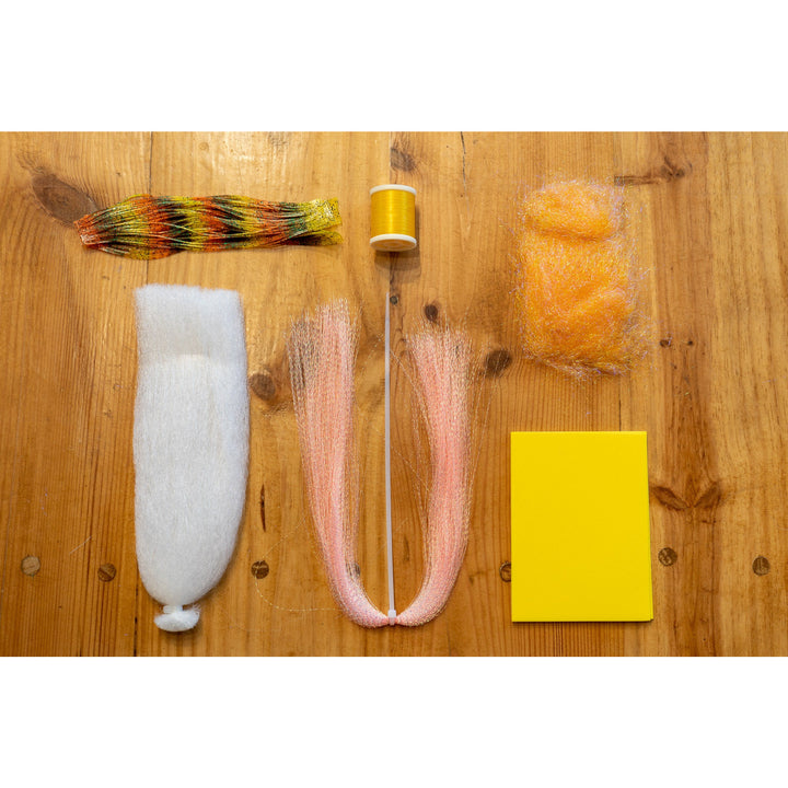 Chubby Chernobyl DIY Kit - Sunrise contents including shrimp pink krystal flash, yellow thread, orange enhancer legs, and yellow foam