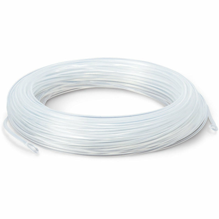 Cortland Tarpon Taper Clear floating fly line coiled on white background