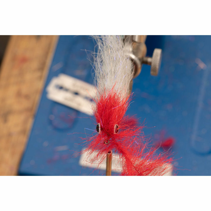 DL3 Minnow fly in progress showing red fiber thorax and silver tail fibers in vise