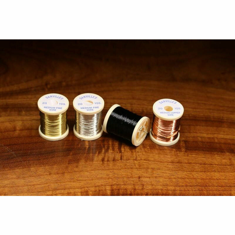 Danville Medium Wire spools in gold, silver, black, and copper for fly tying