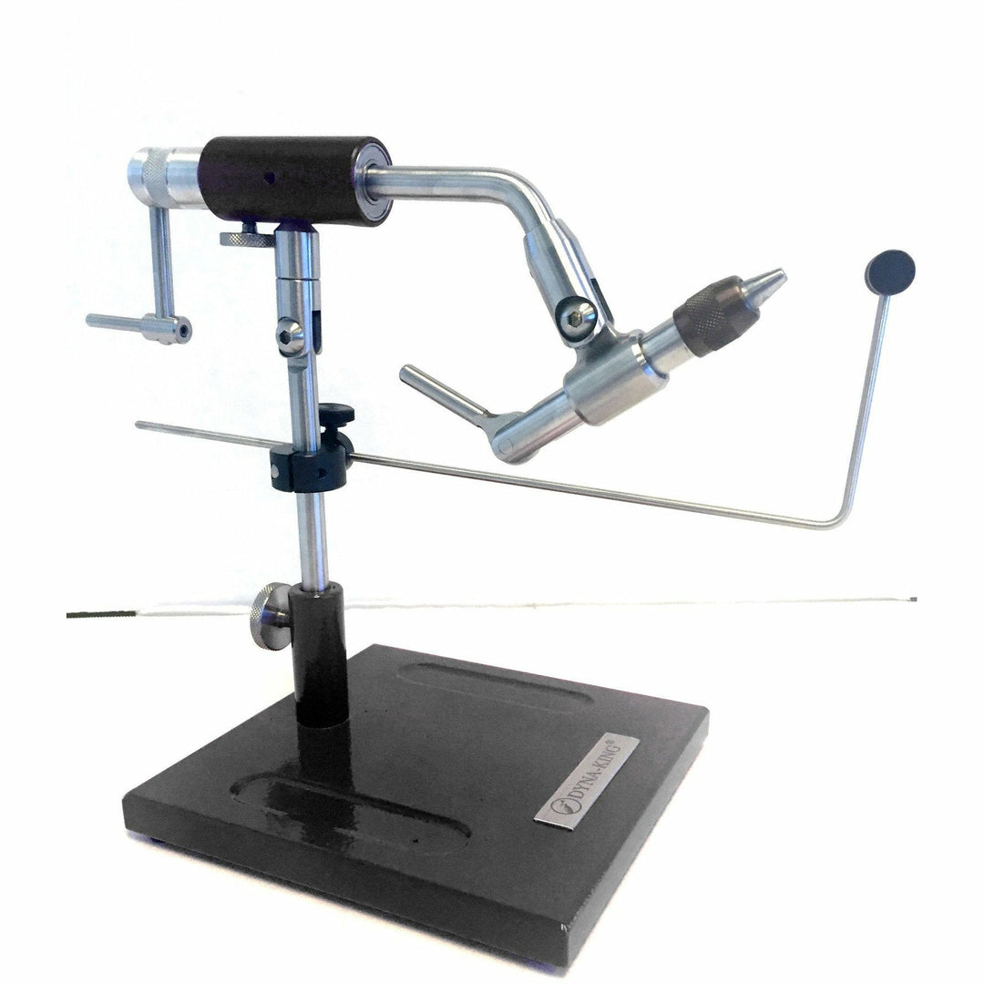 Dyna-King Excalibur fly vise showing dual rotation capability and engraved base plaque