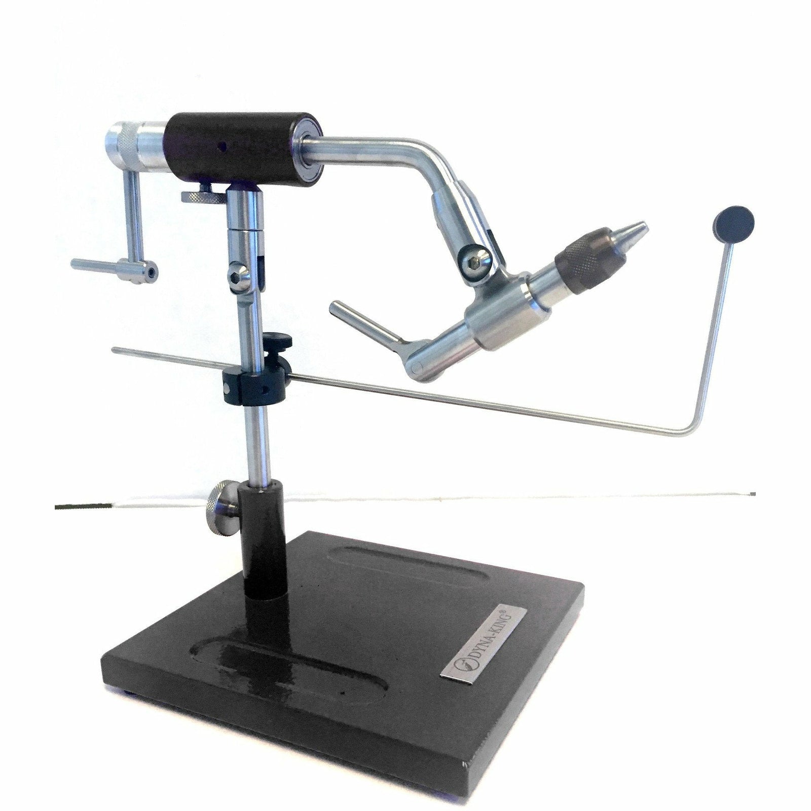 Dyna-King Excalibur fly vise showing dual rotation capability and engraved base plaque
