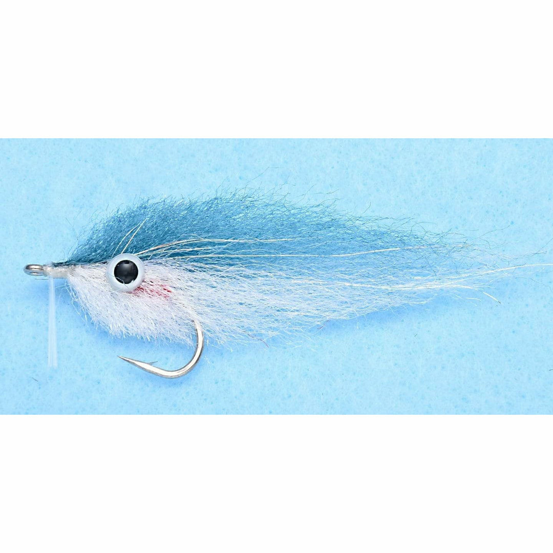 E.P. Blueback Herring 2/0 fly fishing lure with white deer hair body and blue tail for striped bass