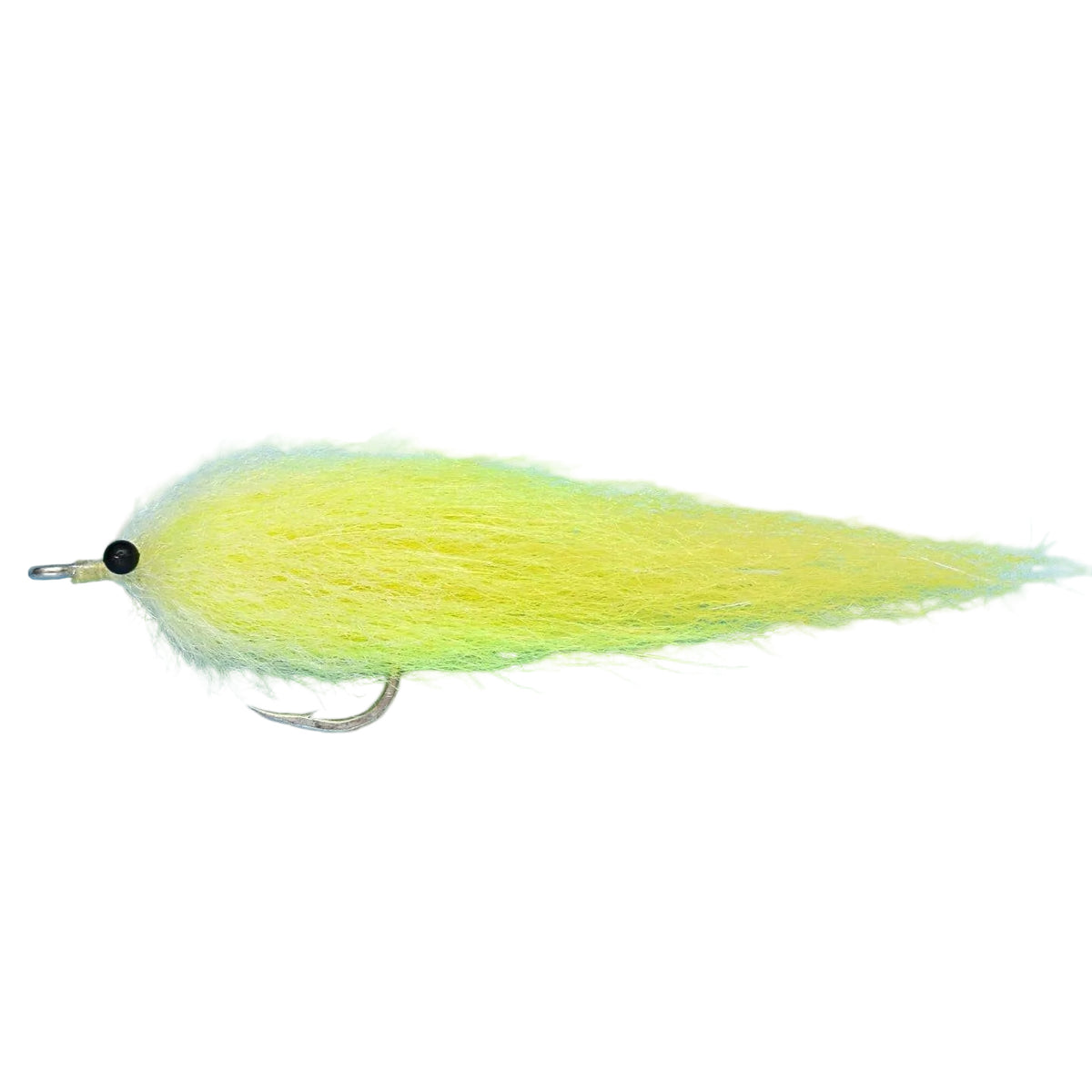Yellow EP Boca Grande tarpon fishing fly, #3/0 size with fuzzy tapered body and black bead eye