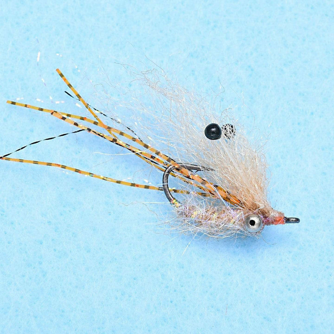 Tan EP Ghost Shrimp fly with silver bead head and orange legs for bonefish