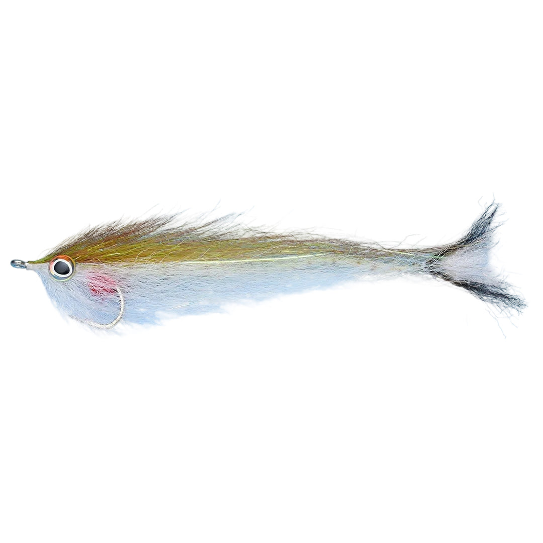 E.P. Pacific Sardina fly fishing lure, silver hook with black and white eye, pale blue-grey body, olive hackle collar