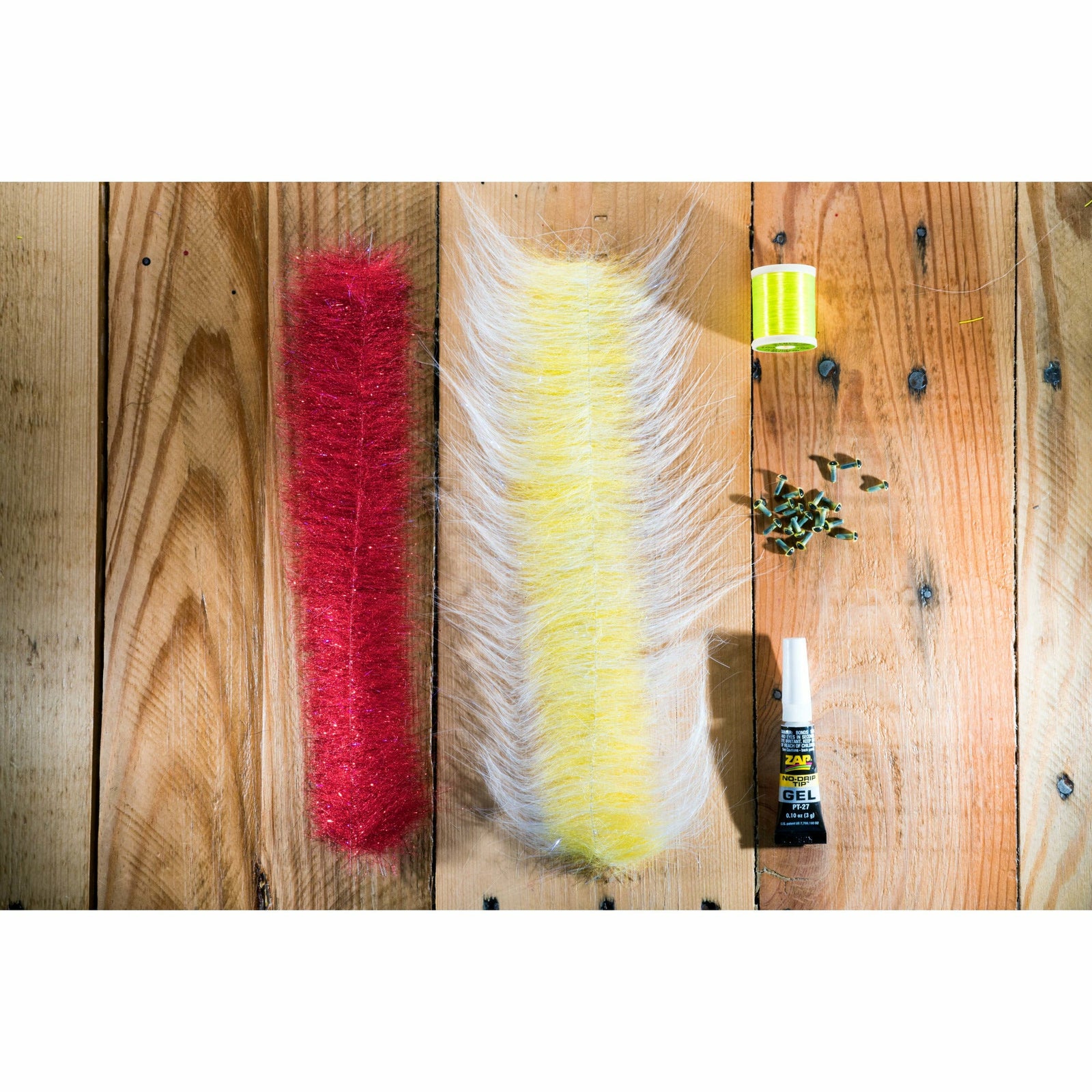 EP A2Z Minnow DIY Kit contents: Bloody Red fur, chartreuse thread, and yellow eyes